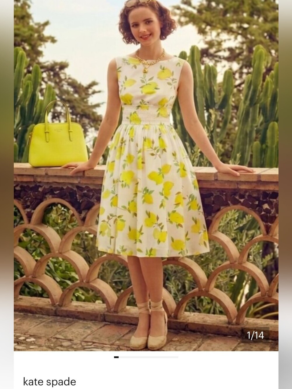 kate spade Lyric Lemoncello fit-flare sleveless dress white yellow green sz 8